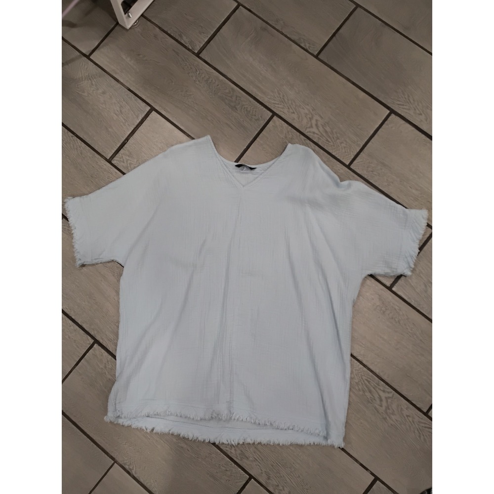 DOKOTOO‎ Light Blue Cotton Gauze V-Neck Fringed Tunic Top Size L
